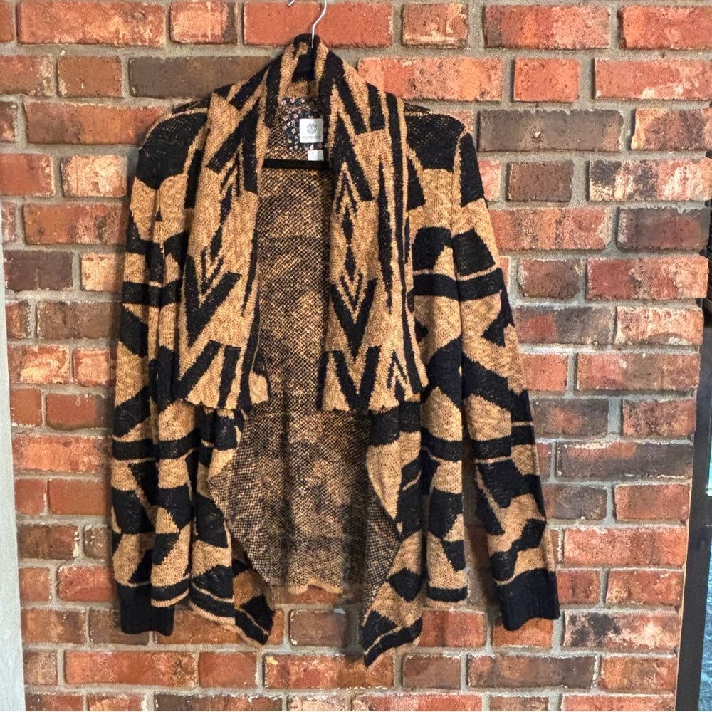 Element womens geometric open front waterfall hem cardigan sweater brown/black M